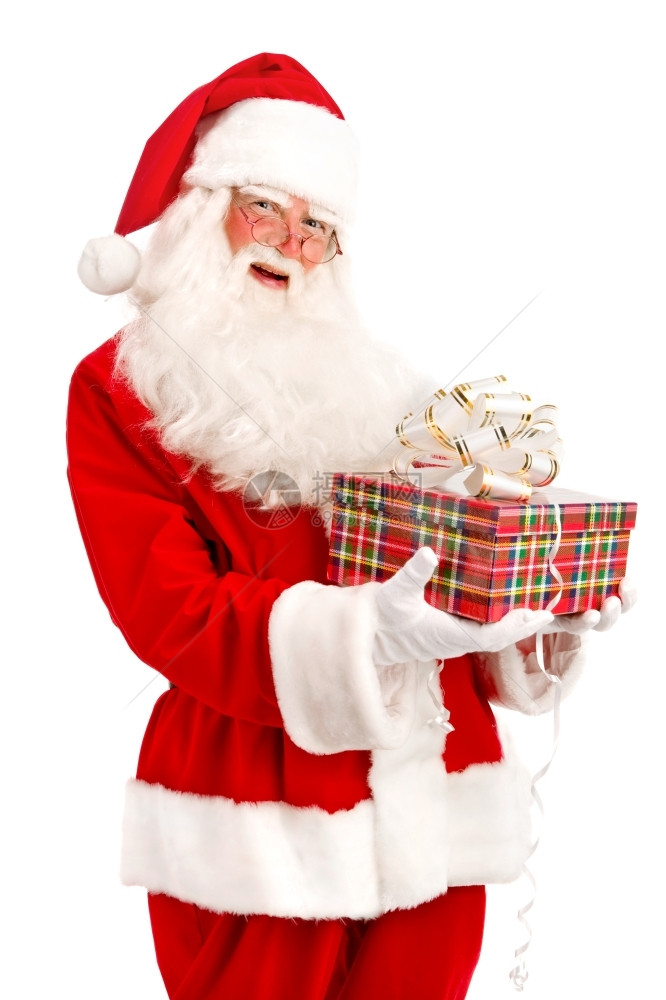 帽子圣诞老人在白色背景上手握着圣诞礼物的手弓面部图片