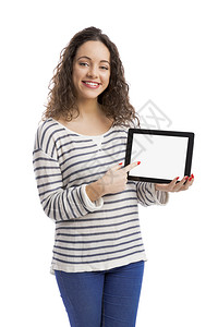 美丽的女孩展示平板电脑图片