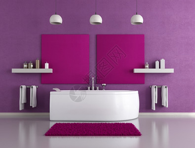极简主义者现代紫色浴室和白缸干净的优雅图片