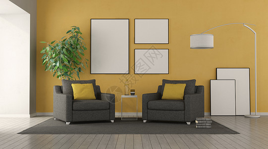 黄色的椅子现代客厅的黑色椅子背面有黄色墙3D制成在现代客厅的黑色椅子家具地面房间设计图片