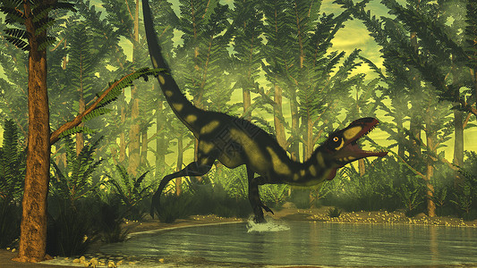 主龙类风景优美插图迪龙恐奔向一个池塘在有白化树的森林里有百草枯植物3D变成狄龙恐3D暴类设计图片