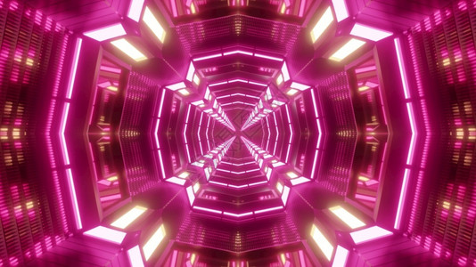 Kaleidoscopic3D抽象十字形隧道图解用粉色3DD红圆形隧道的明亮电线灯照错觉水平的充满活力设计图片