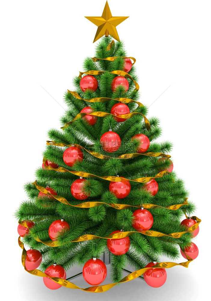 金子星圣诞树上装饰着红色圣诞球金黄明星和丝带的圣诞树在白色3D铸造过程中被隔离安排好的图片