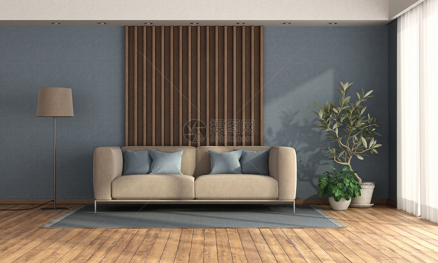 室内植物建筑学现代的与沙发对着木板和蓝色墙壁的草原起居室3D用沙发对着木面板的客厅图片