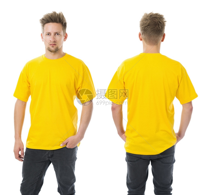 男人最佳准备好照片一名男子身穿黄色白T恤前背和面图片