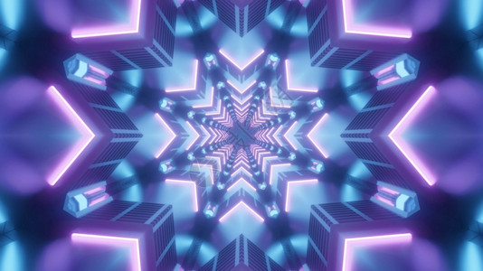 月高清美女渲染几何学Kaleidoscopic3D显示亮星形隧道用蓝灯和紫照亮了3D显示月星形隧道错觉设计图片