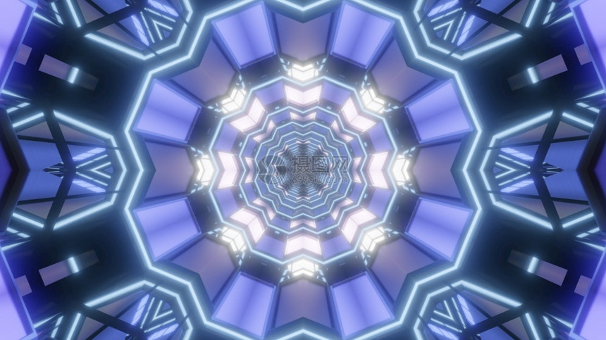 颜色Kaleidoscocpic3D圆形几何隧道插图以蓝色3D闪光板显示圆蓝色隧道微光走廊图片