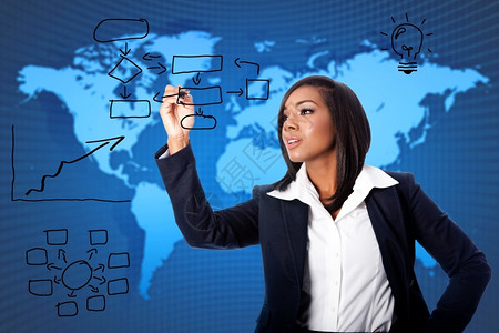 提供全球重组战略解决方案构想概念的美丽女商业顾问提供全球重组战略解决方案构想以及蓝色的成功女商人图片