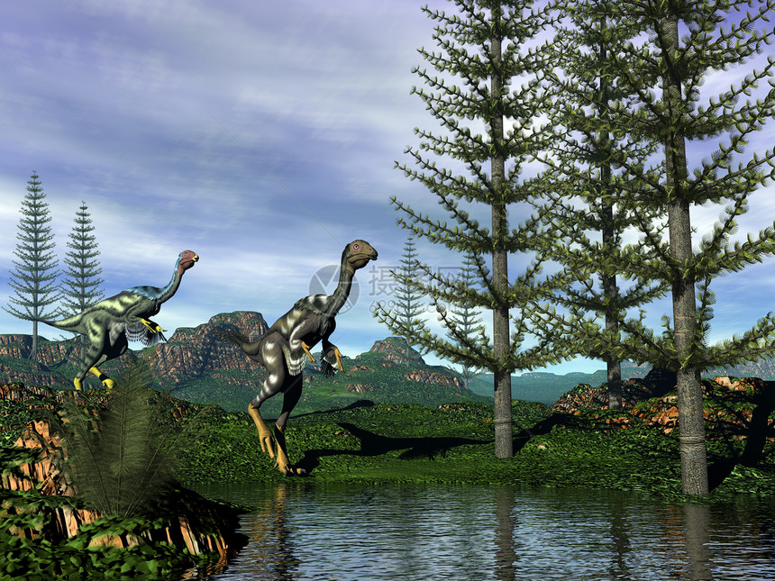 白垩纪插图甲癣Caudipteryx看着双龙恐夜间靠近树的三维转化图片