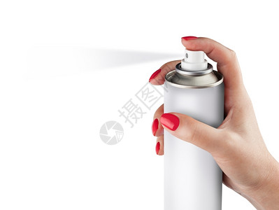 插入剪切画美丽白色喷雾可隔离在妇女手上的白色背景气溶胶喷雾罐金属瓶涂料具有剪切路径的现实照片图像化学难的背景