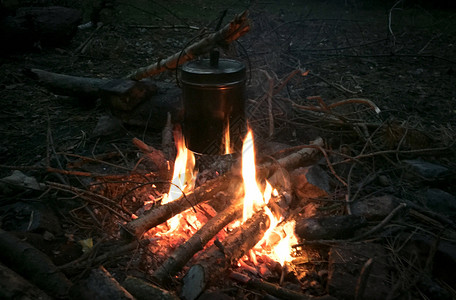 火焰夜间在树林里做饭时点火加热器橙图片