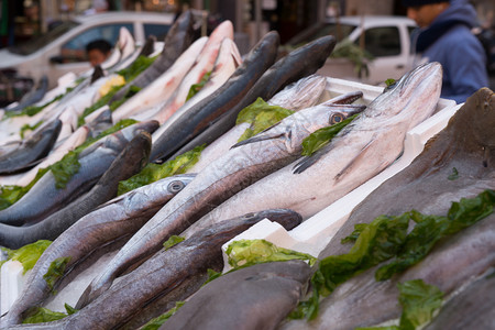 盘子居住意大利那不勒斯市场上的鳕鱼地中海类抓住图片
