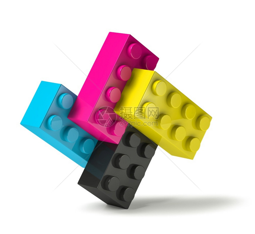 红色的乐趣3D玩具构件由4个印刷过程构成cmyk颜色青紫红黄黑砖图片