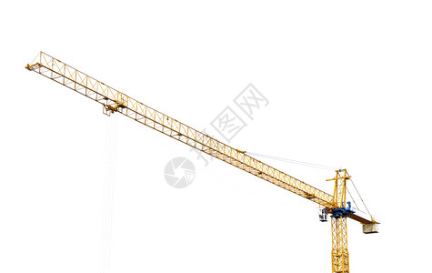 白色背景隔离的黄高塔起重机建筑垂直的技术吊装图片