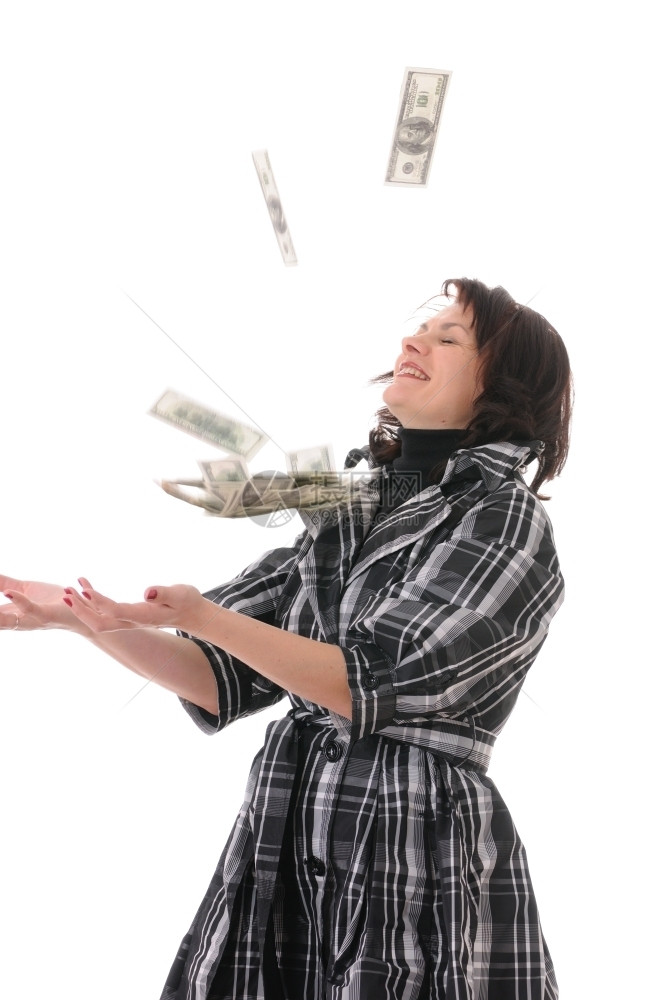 这名妇女在白种背景上独身赚到钱金融的美元幸福图片