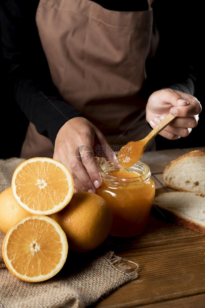 高角厨师加罐橙色橘子酱高的种图片