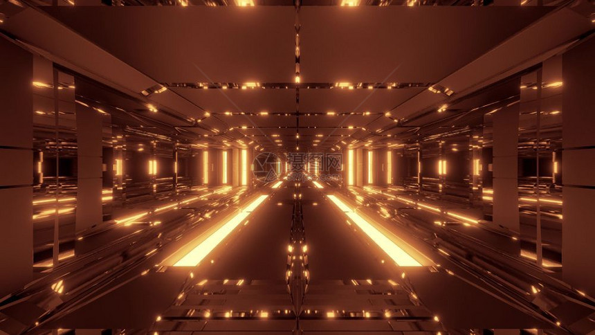 渲染科幻小说金子未来Scifi的3D建筑使无尽的未来科学ficific科学fiction空间隧道走廊3d型背景壁纸与热金属相配的图片