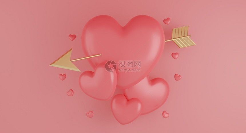 ValentinersquosDay概念粉红心气球和色背景三维的金箭周年纪念日小样象征图片