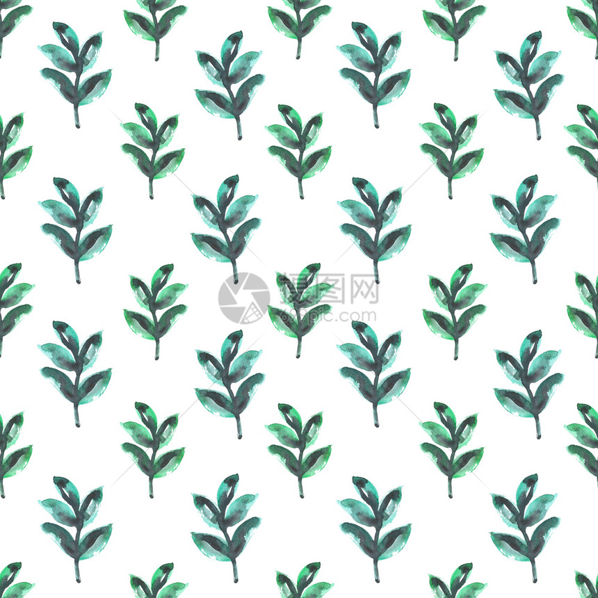 纸花园白色的无缝模式与水彩漆植物的无缝结构绿色花岗插图无缝设计白底绿色水颜植物为无缝设计图片