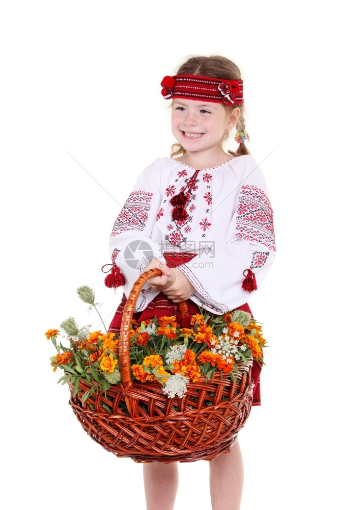 裙子穿着白色背景的乌克兰服装的小女孩穿白衣纺织品民间图片