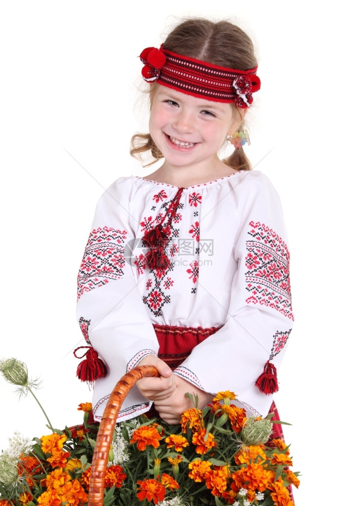美丽的国民穿着白色背景的乌克兰服装的小女孩穿白衣古代图片