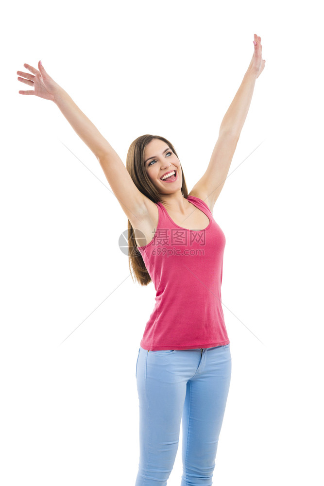 快乐的女美丽人带着张开的双臂孤立在白色背景上自信的图片