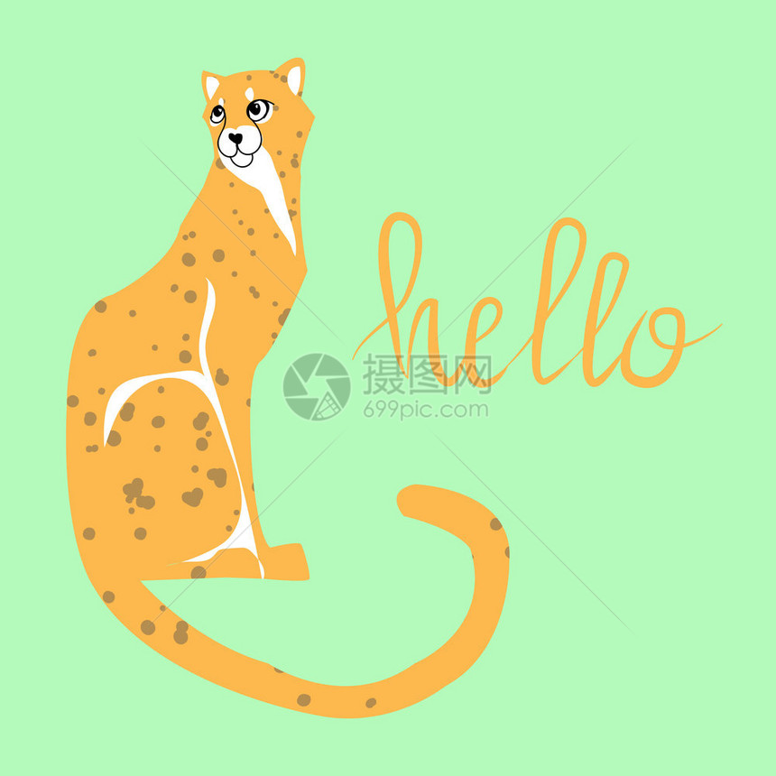 明信片配有样本文字母缩写你好矢量插图的惊人动物猎豹猫科卡通片图片