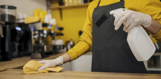 框架机器织物带有乳胶式手套清洁表的边面咖啡师视图图片