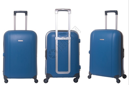 行李箱特写以白色背景隔离的蓝旅行李箱收集工作闲暇包装好的白色设计图片