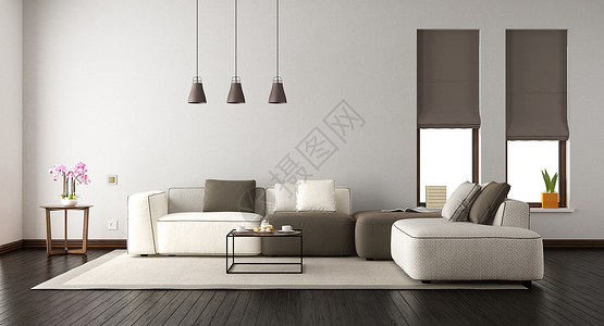 白色客厅有优雅的沙发和两扇窗户3D翻接居住家具房间图片