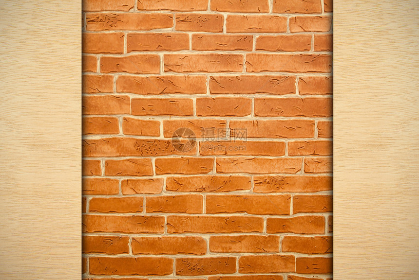 红砖旧墙和木头作为背景常规的老矩形图片