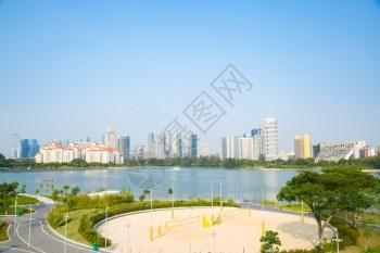 亚洲新加坡湖公园和市内高楼大的背景情况203年码头建造图片