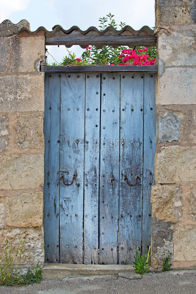 质地在西班牙马洛卡有砖瓦屋顶和粉红色布加林维拉的鲁斯基蓝色旧木制门和西班牙马洛卡带有瓷砖屋顶的鲁斯基蓝色旧木制门粉的老图片