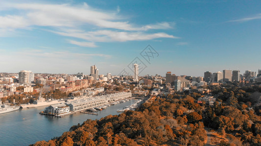 码头悉尼澳洲市天际和著名港湾地区全景空中观测城市水图片