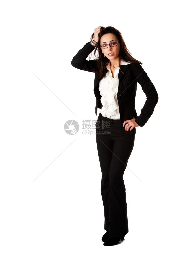 哈基又美丽的压力穿着黑色西装白脱衣衬衫和眼镜手拉头发与世隔绝的高加索裔西班牙企业家妇女站立身着黑西装穿白色折纹衬衫和眼镜与世隔绝图片