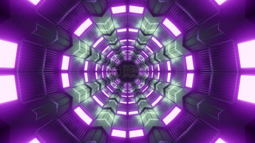 抽象的未来派对称3D说明未来圆形抽象隧道用明亮的紫灯照显示有紫光灯照亮的隧道圆圈图片