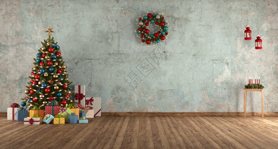 家蓝色旧房间配有圣诞树礼品和装饰3D配有圣诞树的蓝色旧房间假期庆典图片
