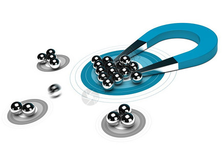 集水顾客一种只蓝色马蹄铁磁在目标中心吸引金属球白背景集聚区吸引消费者概念一股蓝色马蹄铁磁在目标中心吸引金属球沟通设计图片