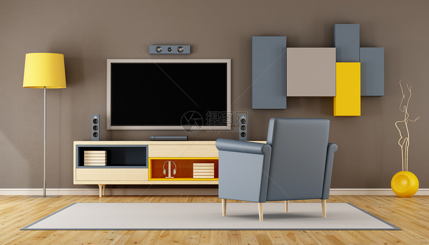 橙建筑学现代客厅配有电视墙壁单元和蓝臂椅3D极简主义者图片