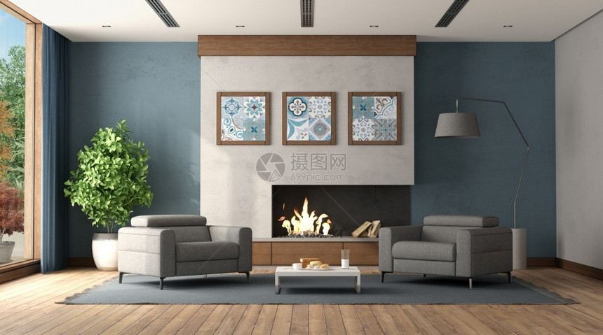 视窗灰色的现代客厅配有壁炉和两张灰臂椅3D制成现代客厅和壁炉咖啡图片