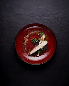 美丽的菜单餐盘上美味的食物精餐盘子有创意的餐厅大概念现代的图片