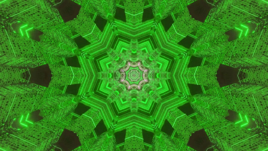 3D对称抽象背景插图显示亮绿色甘蓝观赏装饰品形成隧道3D的分形绿色装饰品科学生动颜色图片