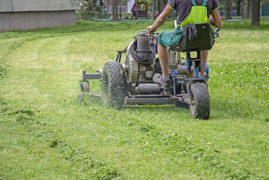 割草机城市公园的工人种草自然花园图片