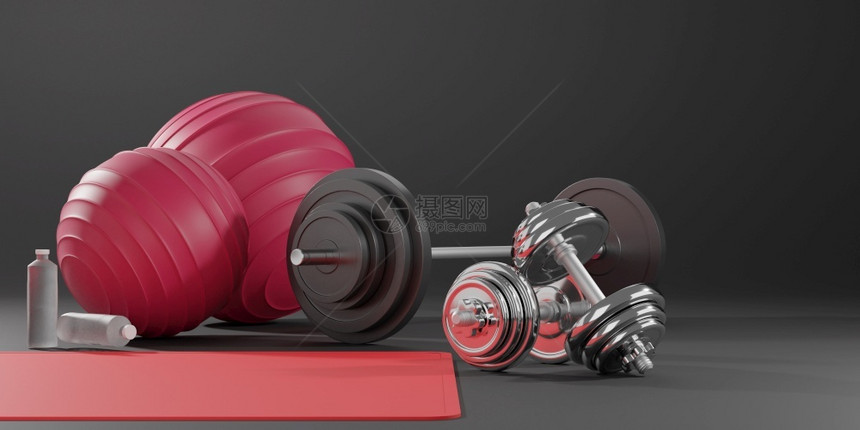 健康渲染重量运动健身设备瑜伽垫健身球瓶水哑铃和3D黑色背景的巴铃图片