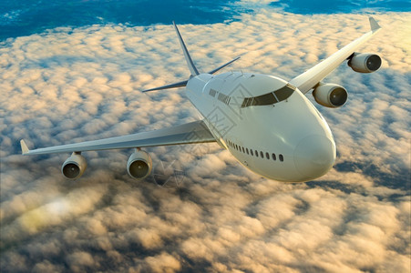 引擎一架商业飞机在云上行的3D投影航空班背景图片