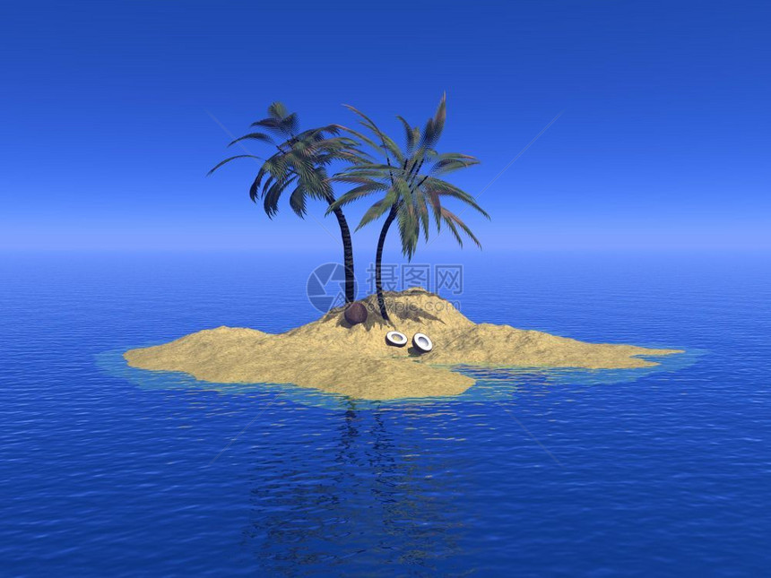 异国情调棕榈树和椰子在海洋中部的美丽岛屿蓝天3D化石堂假期图片