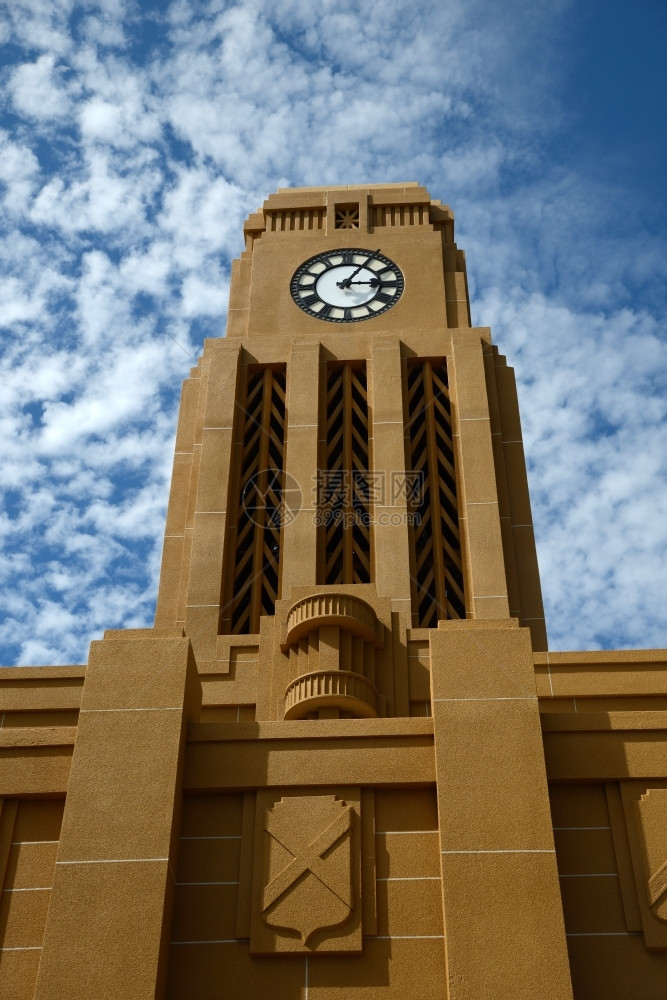 岛城市的布勒Westportrrsqopos标志钟表塔忽略了新西兰海岸市中心图片