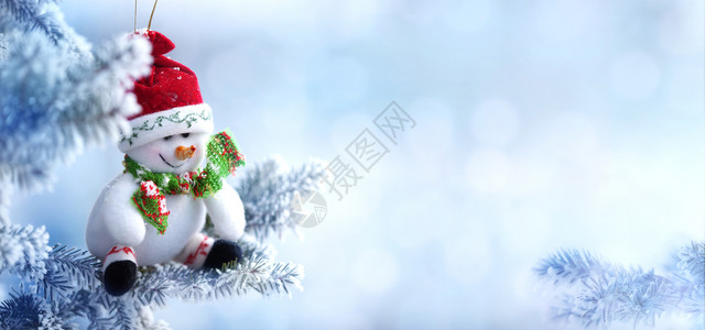 冬天霜圣诞雪人在塔帽的诞雪人背景挂在冬森林树枝上复制空间季节图片