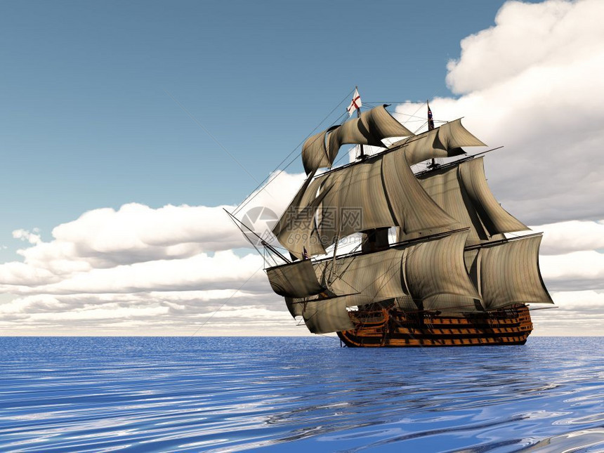 桅杆白色的古老HSM胜利号飞船美丽而详细的老船由云端天漂浮在海洋上3D图片