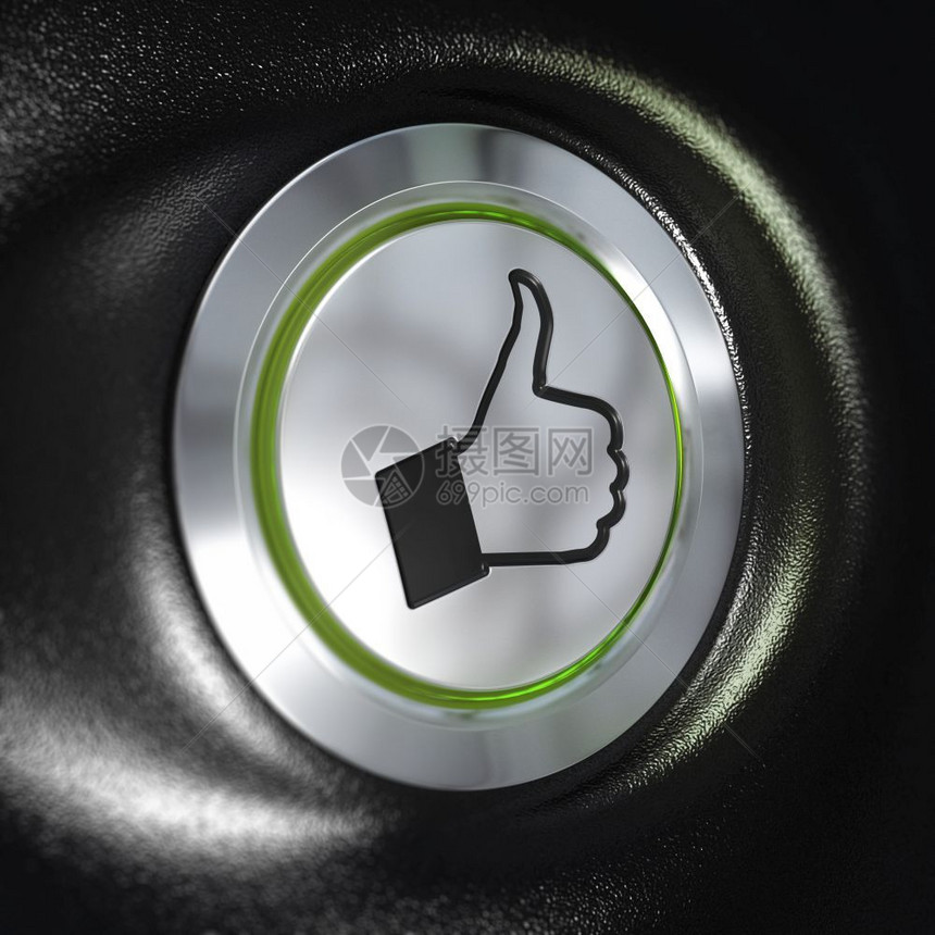 细节高的批准关闭金属按钮上面有手和拇指的符号绿光模糊效果汽车质量服务概念缩图符号汽车概念等金属扣子图片